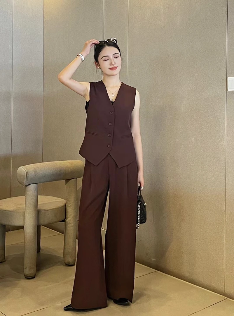 欧洲站黑色香风西装背心女款夏季薄款高端洋气马甲上衣裤子2件套