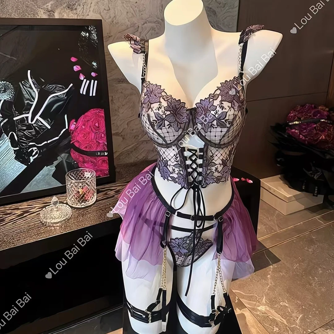 刘掰掰【紫罗兰】辣妹性感绑带文胸套装诱惑蕾丝内衣套装睡裙睡衣