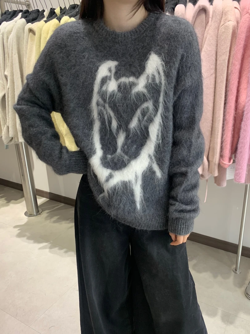 2023秋冬网红韩版休闲时尚羊驼绒圆领套头宽松百搭毛衣针织衫9001