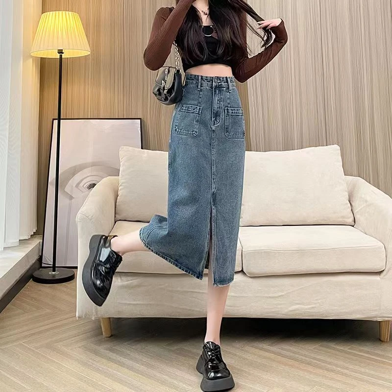 高腰牛仔半身裙女小个子穿搭设计感开叉复古a字包臀裙中长裙春夏