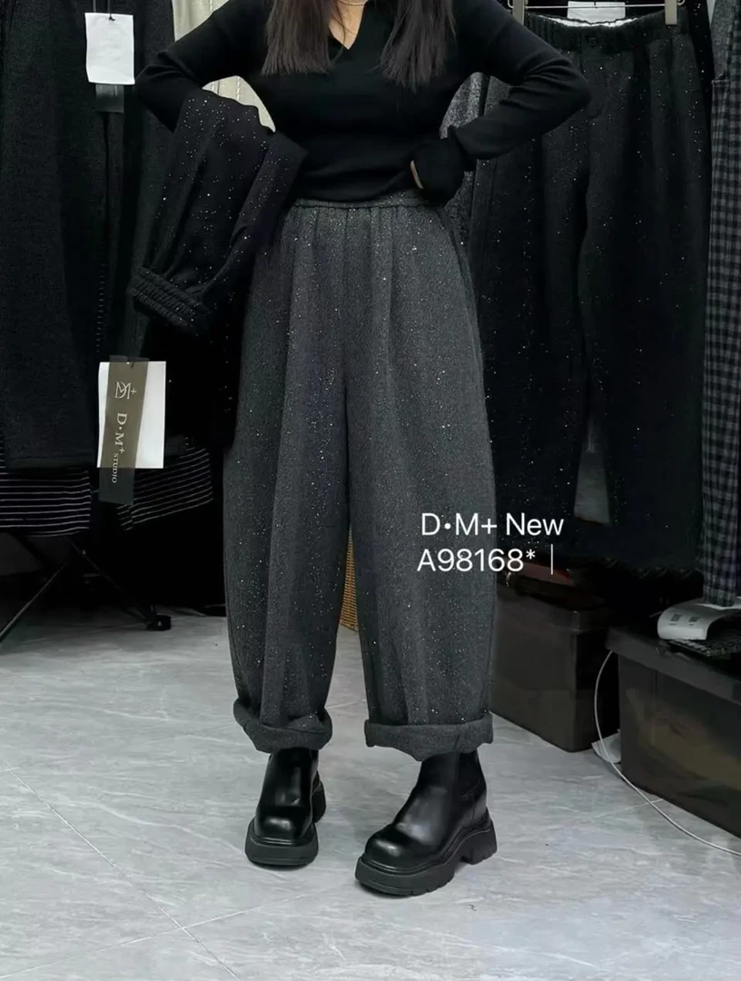 98168灰色毛呢休闲裤女秋冬新款梨形身材遮胯显瘦高腰加厚直筒裤