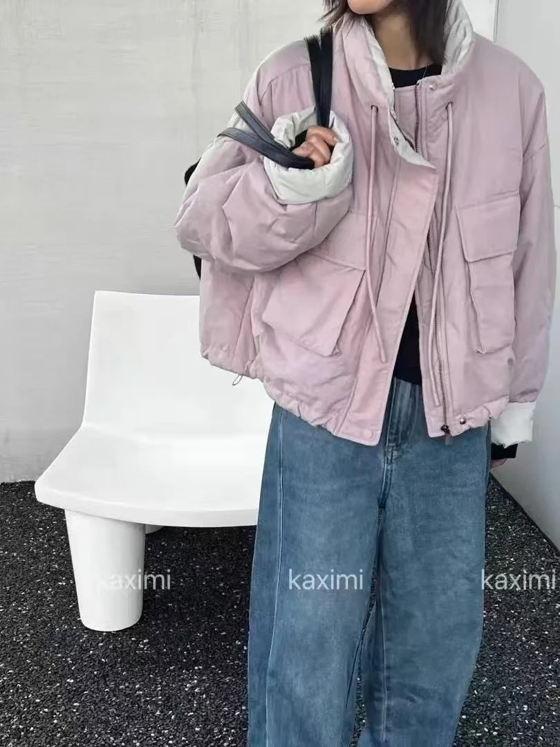9616冬季新款休闲复古女工装风面包服立领撞色轻薄洋气棉衣棉服女