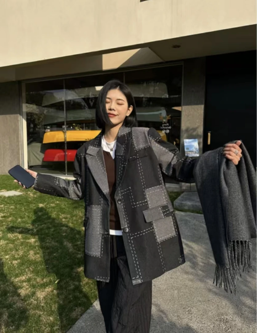 23050日系复古牛仔西装羽绒服女2025新款拼接撞色休闲外套上衣女