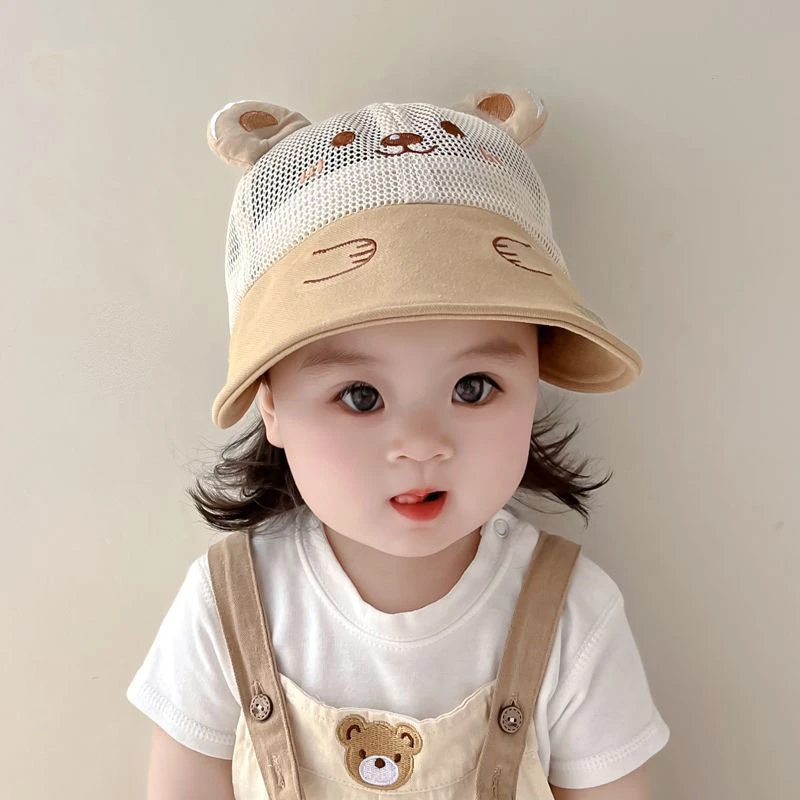 小熊宝宝帽子夏季网眼渔夫帽幼儿大檐遮阳防晒帽男女童透气太阳帽
