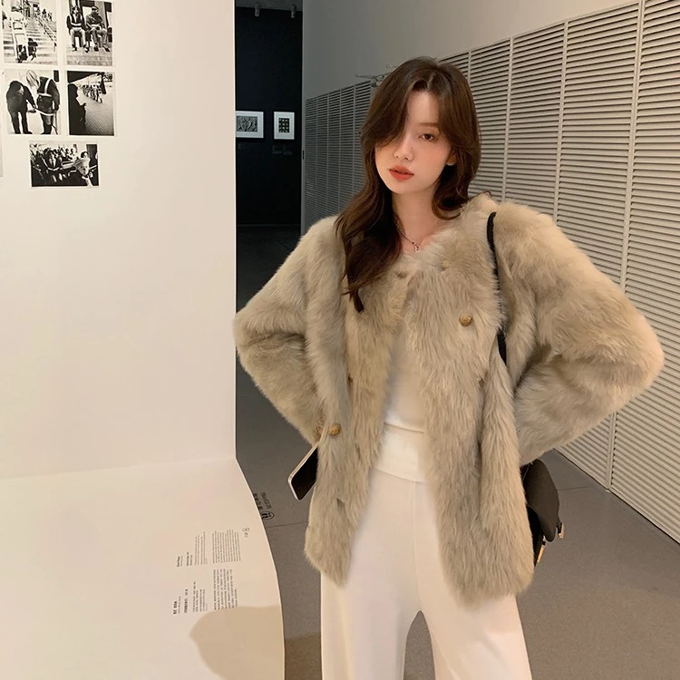 女士外套省钱风时尚双排扣小香风仿狐狸毛显瘦气质百搭毛绒上衣