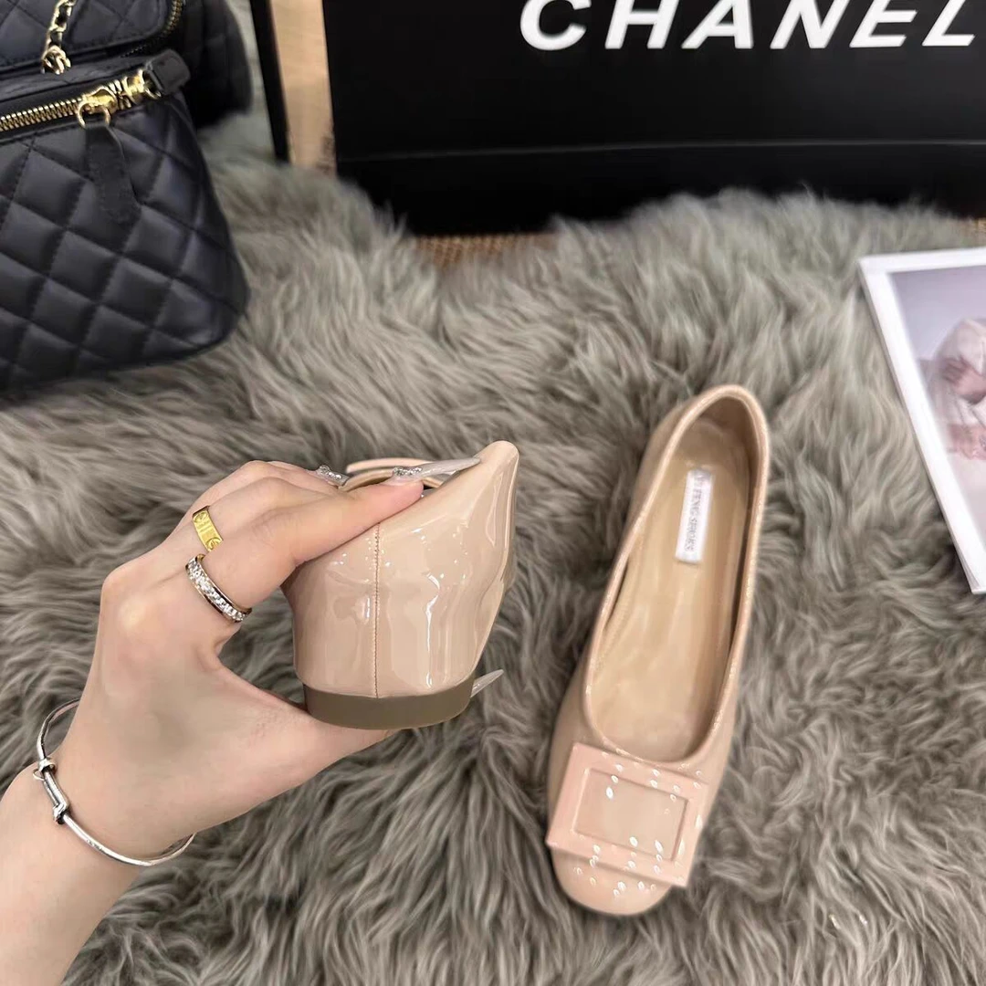 小个子增高5cm裸色方扣浅口单鞋女2024秋季新款法式圆头软平底鞋