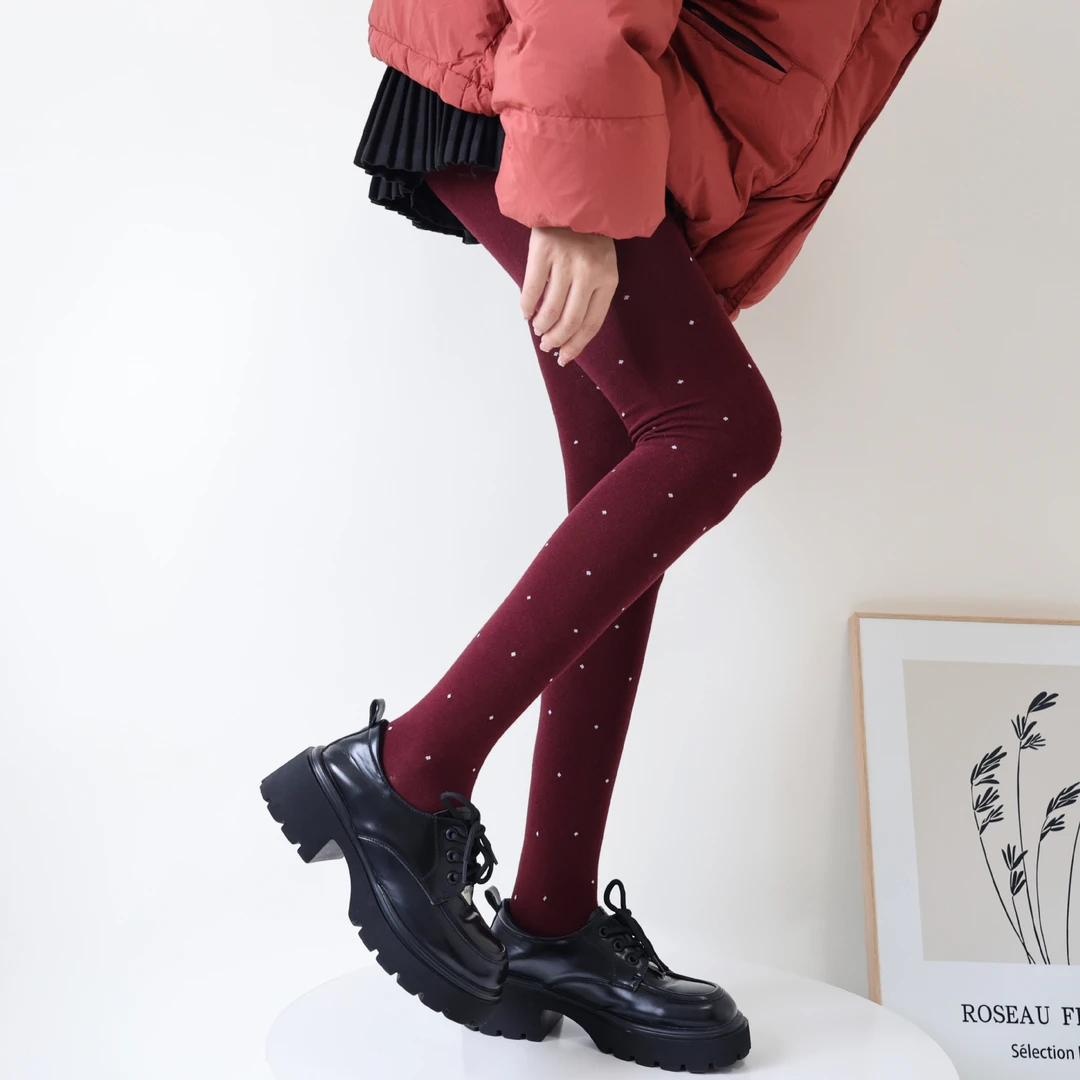 DM安哥拉红打底袜秋冬格雷系复古圆点撞色显瘦外穿灰色波点连裤袜