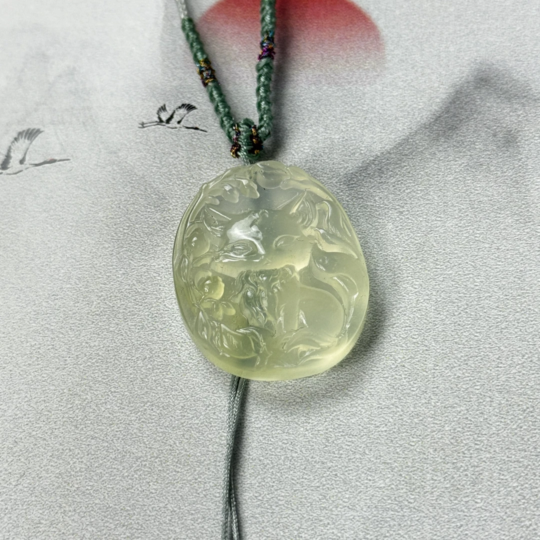 岫玉高冰狐狸牌吊坠