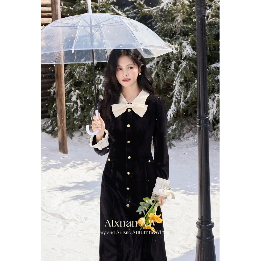 【海参崴落雪】MOMO黑色丝绒连衣裙冬季新款气质高级裙子女L52357