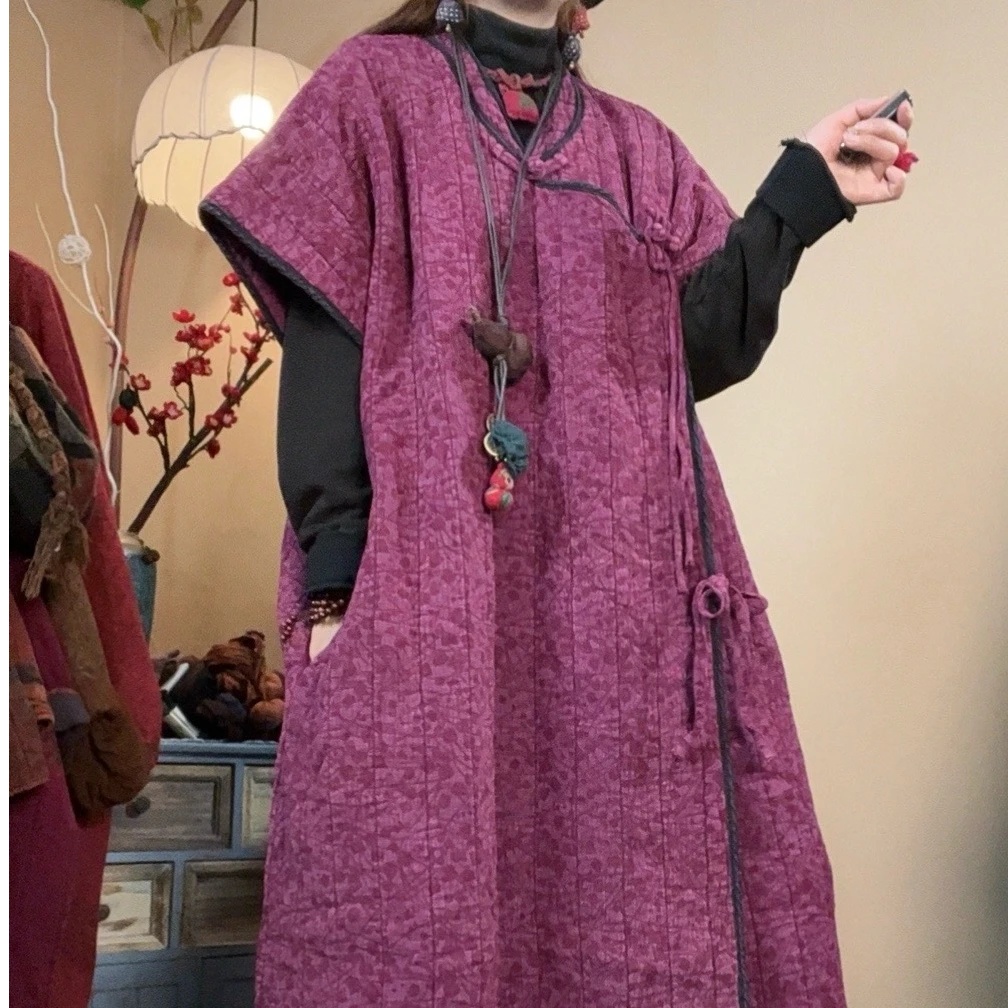 【语禾】大牌同款亚麻提花砂洗炒色夹棉马甲大长袍（衣长128胸围150）