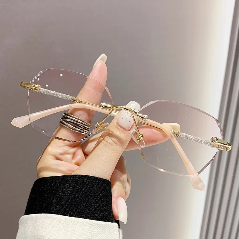 新款女士镶钻无框切边老花眼镜渐进粉色防蓝光超轻大时尚百搭街拍