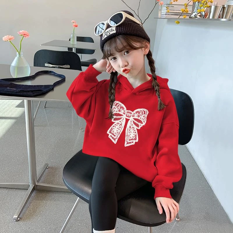 女童蝴蝶结印花卫衣秋冬新款加绒加厚连帽宽松百搭中大儿童上衣潮
