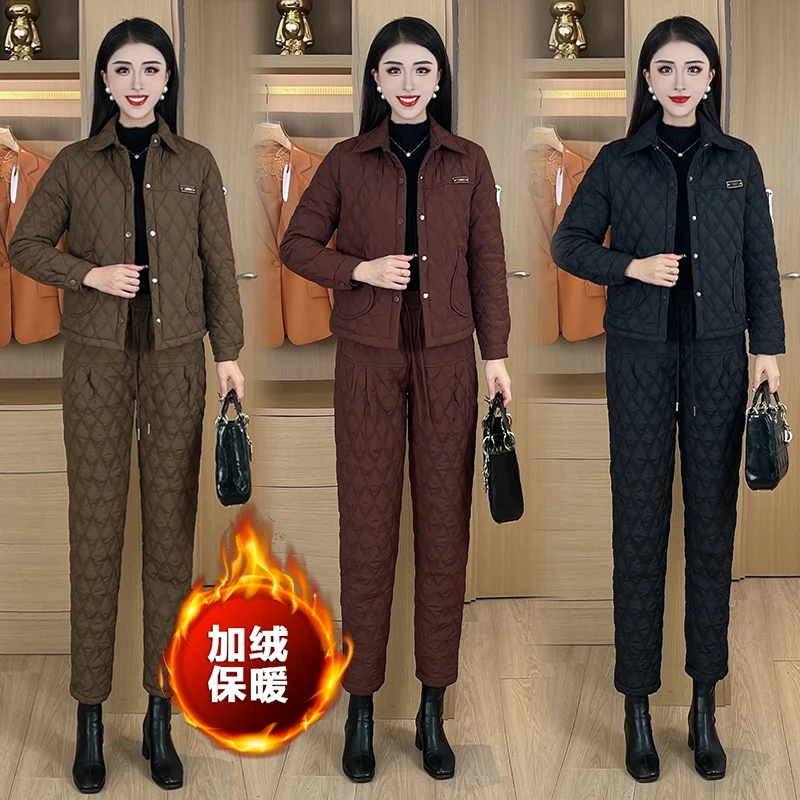 加绒加厚时尚休闲套装女冬新款菱格棉服洋气保暖两件套#9038