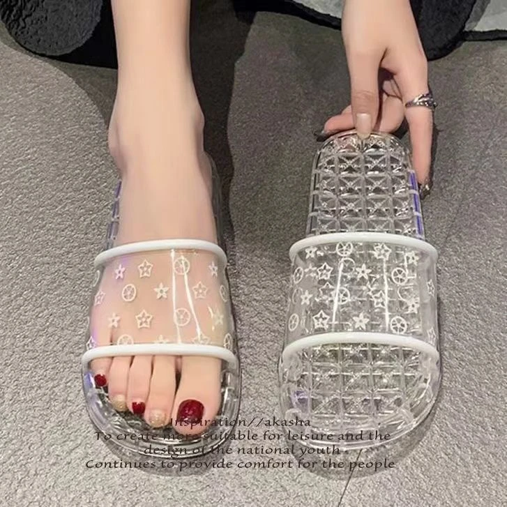 软底高档透明水晶拖鞋夏季居家女浴室洗澡防臭家居防滑时尚一字拖
