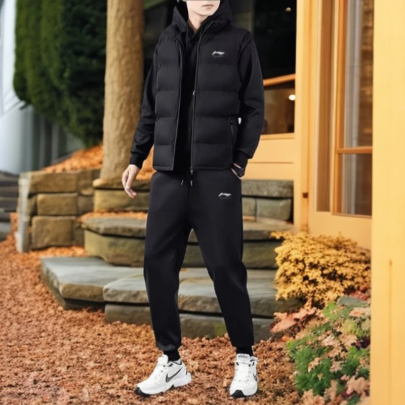 秋冬季男士套装潮流时尚百搭连帽卫衣休闲宽松保暖马甲三件套