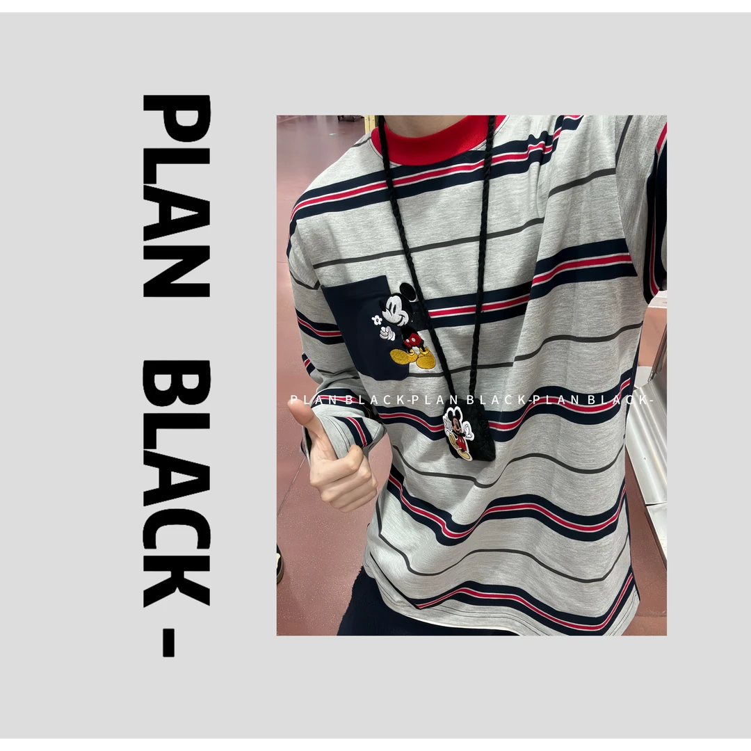 RICH陈发财【口袋条纹动漫】情侣条纹双拼面撞色设计T恤！6651