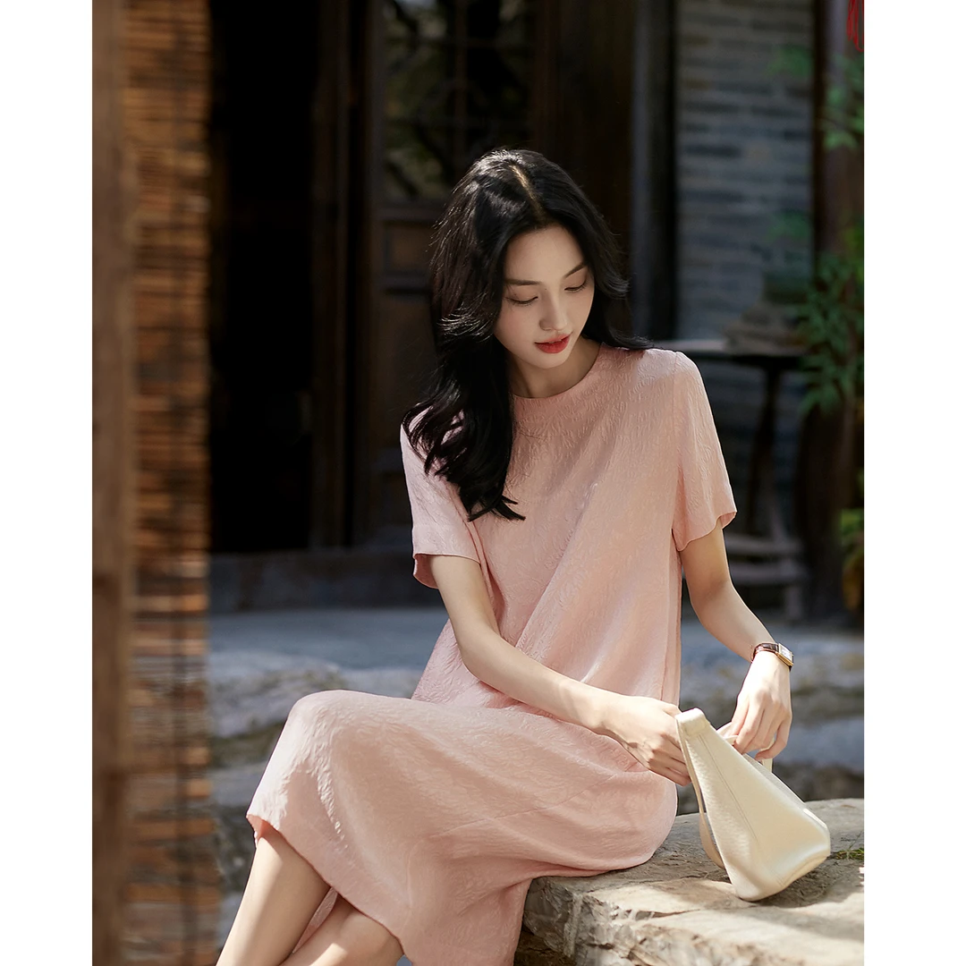 「繁花之境」19MM桑蚕丝冠乐绉提花直筒轻奢夏季连衣裙/气质中长裙