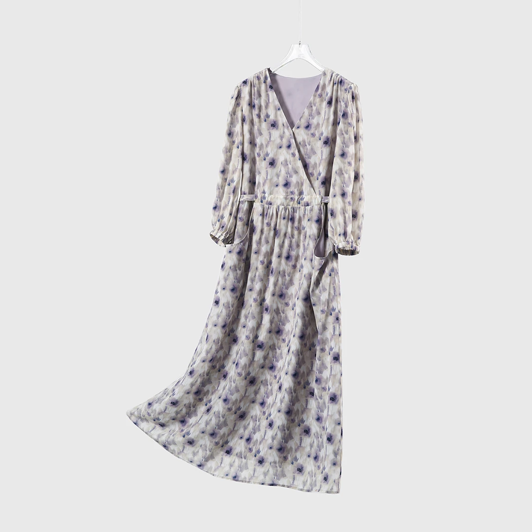 [SQE780604MG]笑涵 江南烟雾色 法式碎花双绉真丝连衣裙茶歇裙