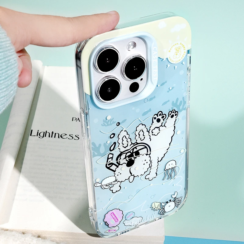 原创潜水小狗双层印花适用iPhone14pro手机壳蓝色创意全包新款ins
