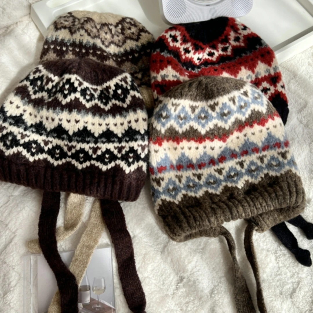 费尔岛风针织帽子女冬季复古巴拉克拉法帽包包帽保暖护耳毛线帽潮