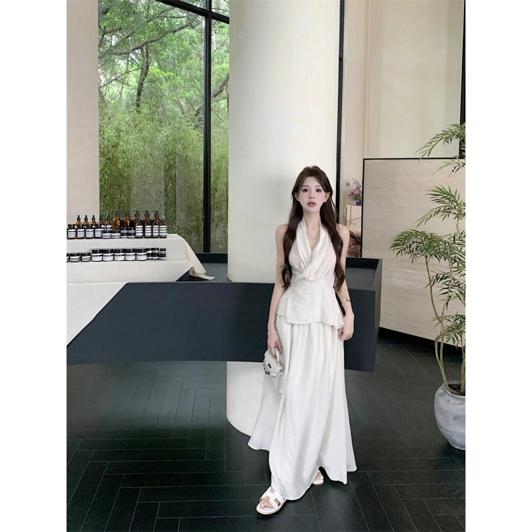 新中式禅意套装收腰V领背心上衣女夏季高腰半身长裙清冷感两件套