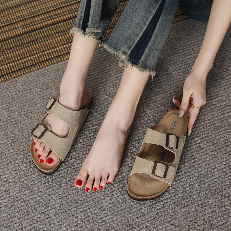 真皮复古软木底扣带勃肯拖鞋女2024新款夏季一字拖外穿百搭软底鞋
