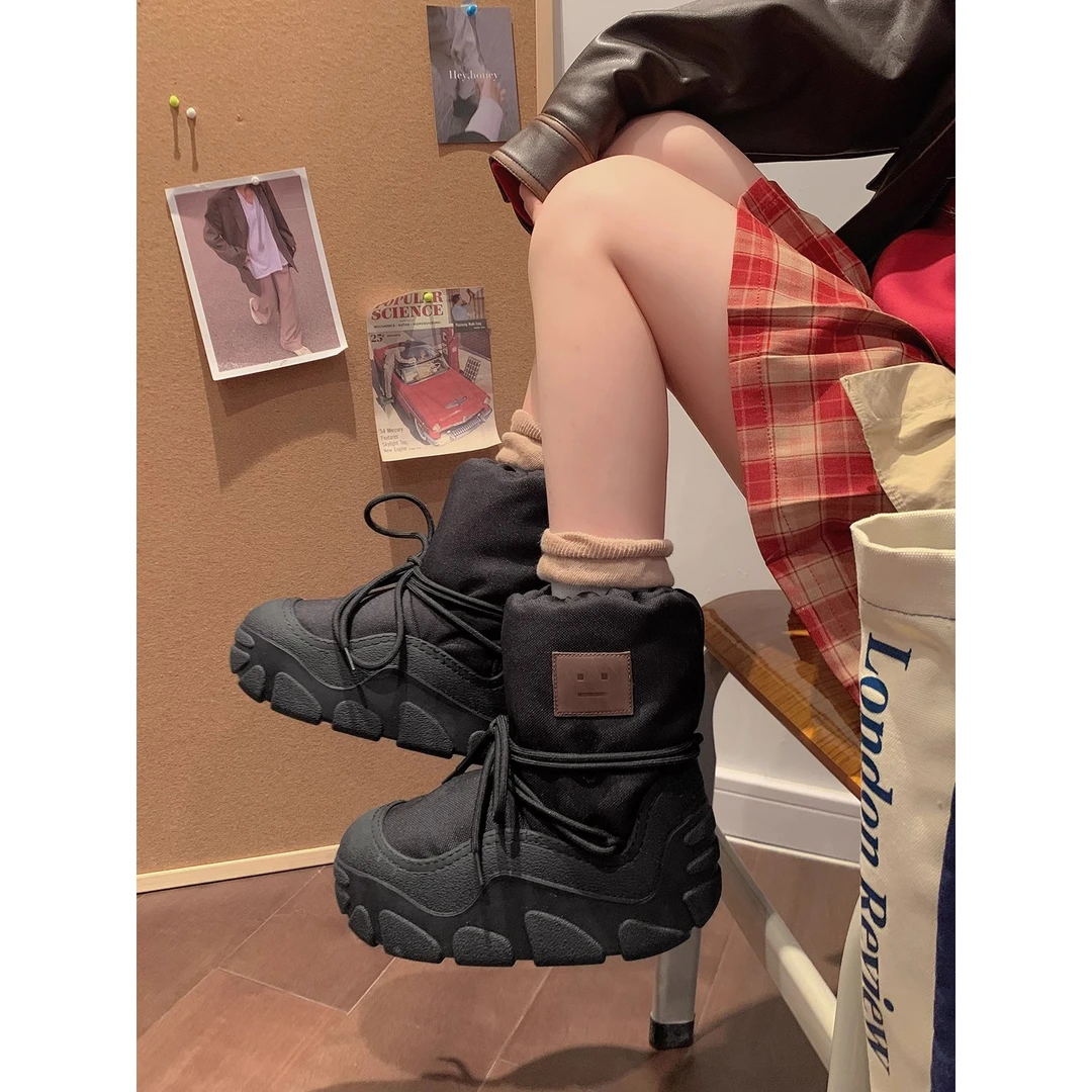 高颜值绑带雪地靴2023新款冬季增高可爱加厚保暖厚底防水短款靴子