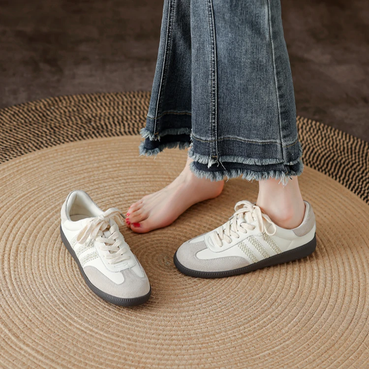 真皮蕾丝边复古德训鞋女2025春季新款潮流运动鞋时尚百搭休闲板鞋