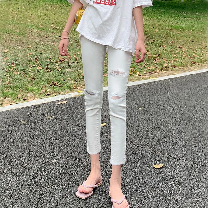 小个子八分裤女白色破洞牛仔裤女夏季弹力高腰小脚裤显瘦紧身裤子