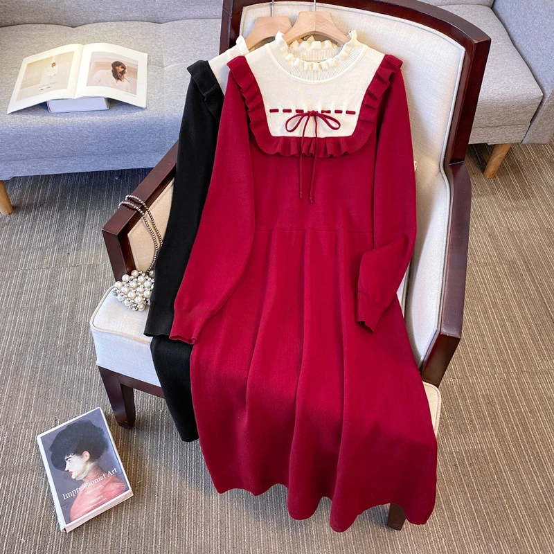 大码女装秋冬法式气质拼接假两件毛衣裙胖mm减龄显瘦打底连衣裙女