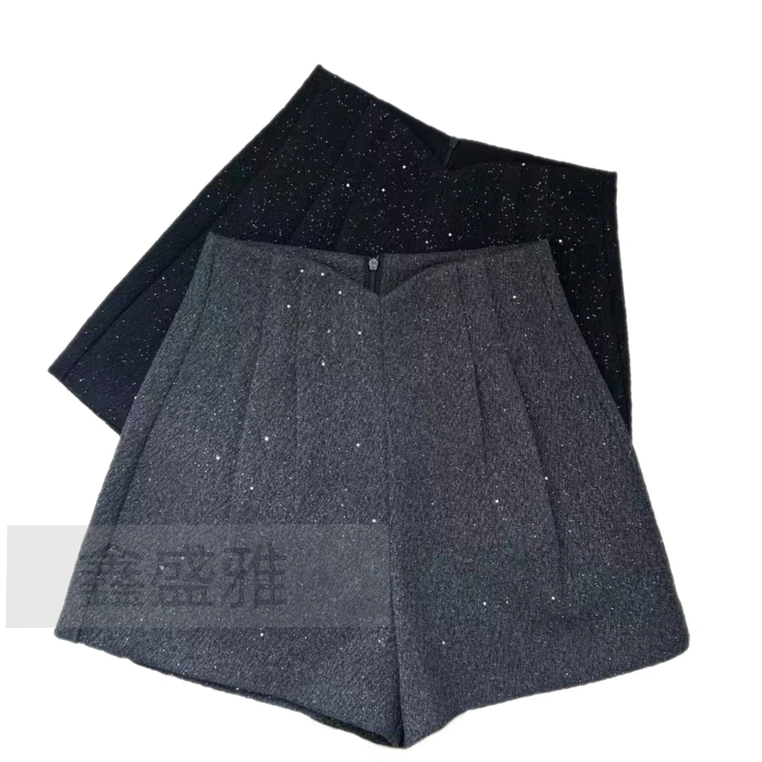 星空毛呢短裤女高腰a字休闲西装裤精致百搭亮片闪闪小个子阔腿裤