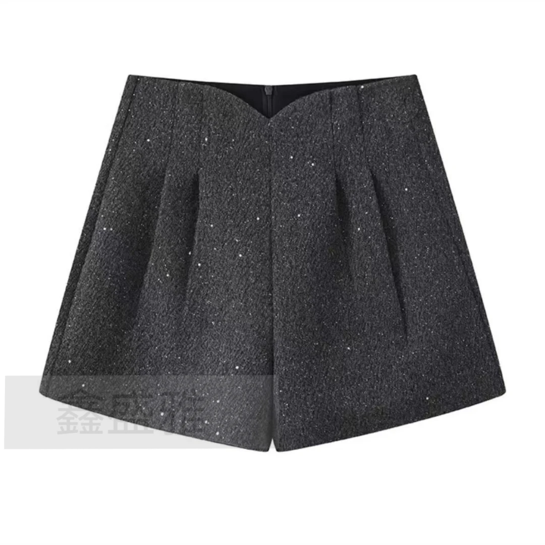冬季毛呢短裤女2024新款高级感精致闪闪亮片A字高腰百搭阔腿靴裤