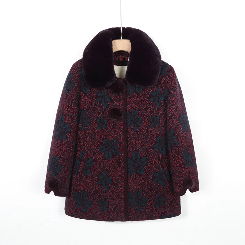 脱卸毛领加厚老年人冬装加绒保暖中长款仿水貂外套大码老人厚外套