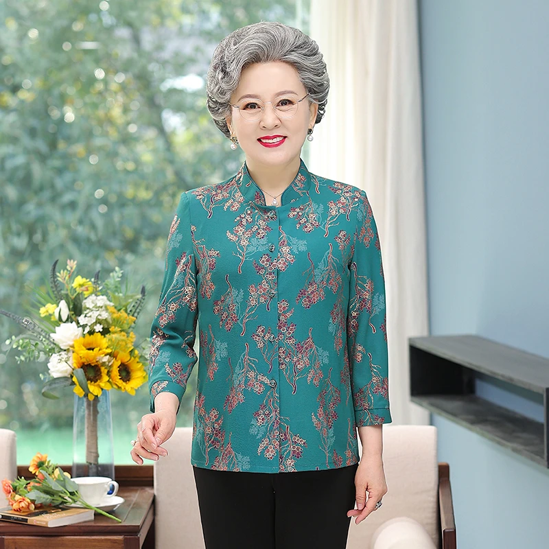 大码长袖奶奶装夏季薄款衬衣妈妈装上衣女士开衫老人老太太洋气