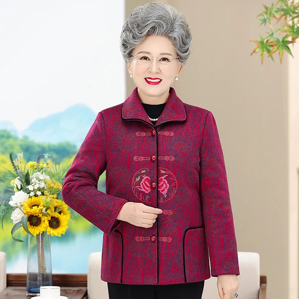 奶奶装秋冬款唐装中老年加绒60岁7080岁宽松上衣春秋加厚长袖外套