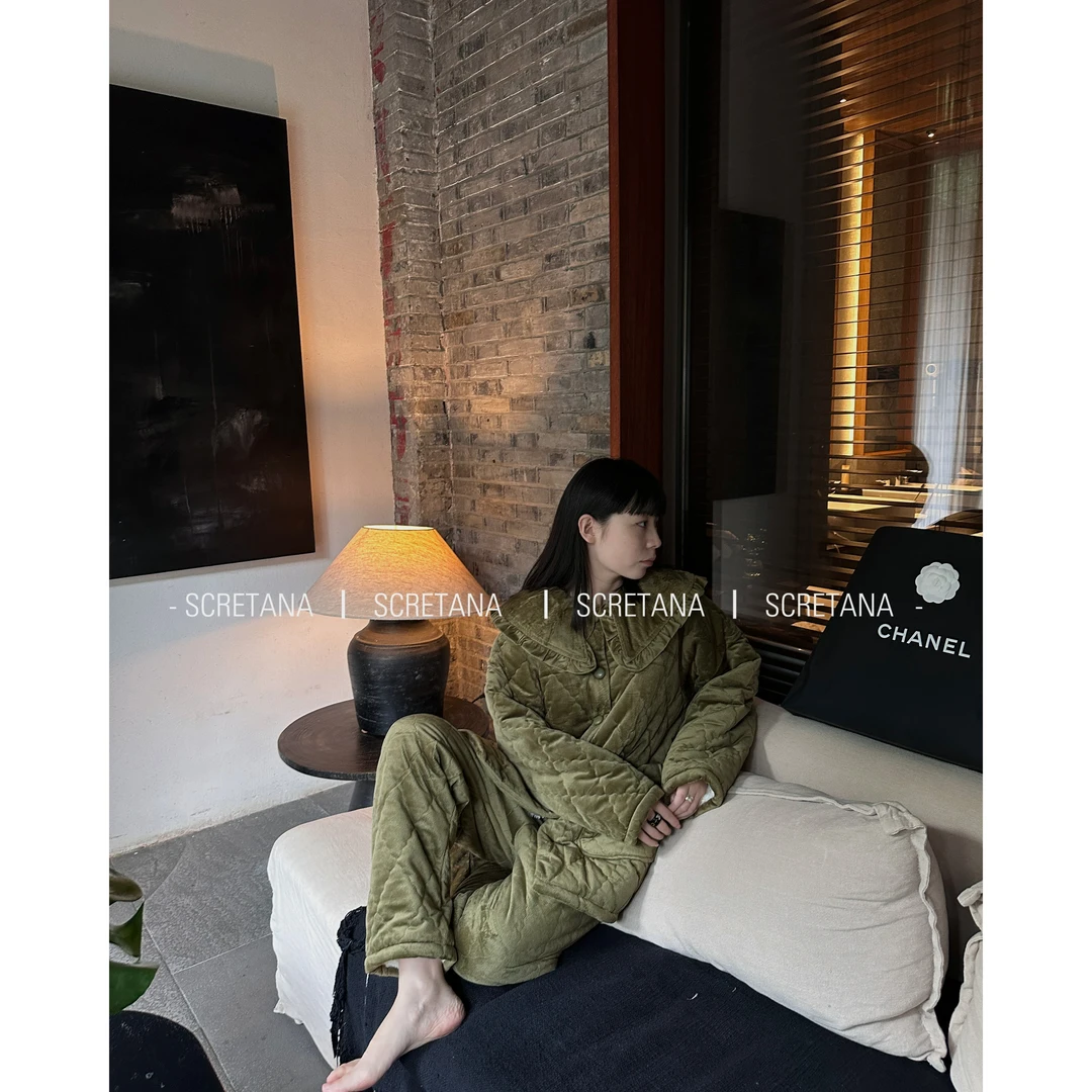 SCRETANA/安娜的秘密云影慕斯玉藻绿加绒家居服睡衣套装S23004