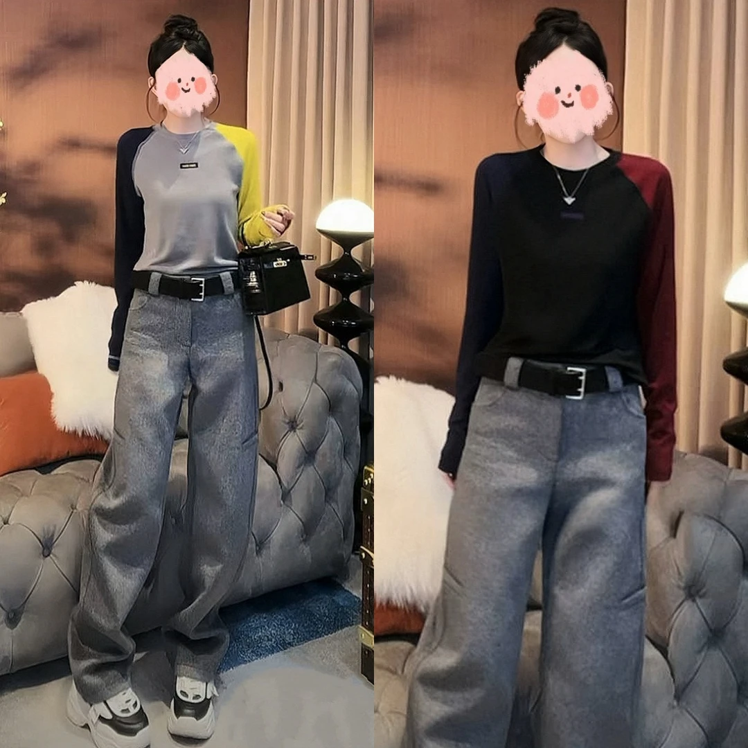 秋冬新款时尚潮流女款撞色拼接T恤2024阔腿裤两件套减龄洋气套装