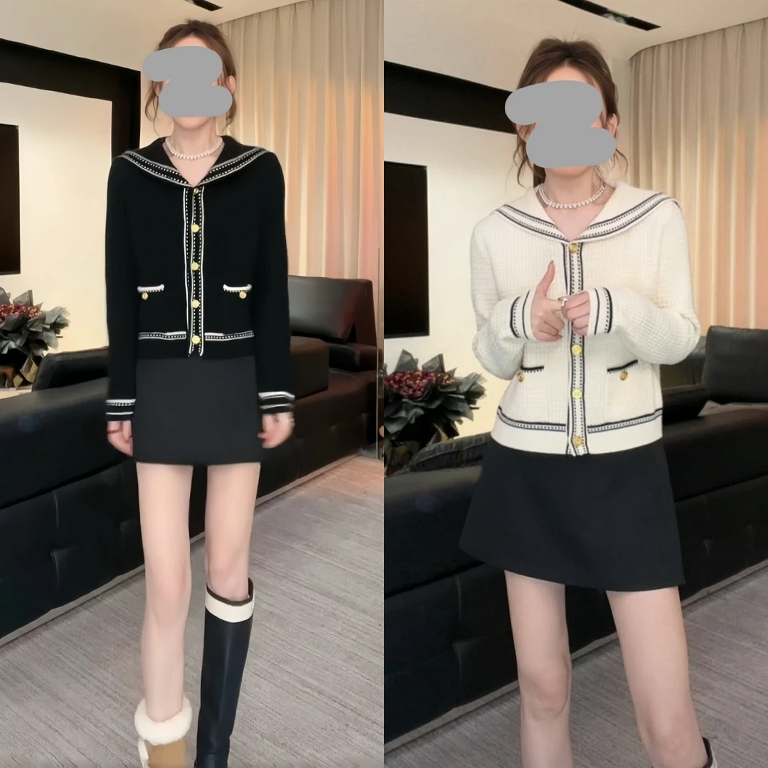 秋冬绝美减龄撞色针织开衫海军领连帽毛衣百搭短款半身裙裤套装女