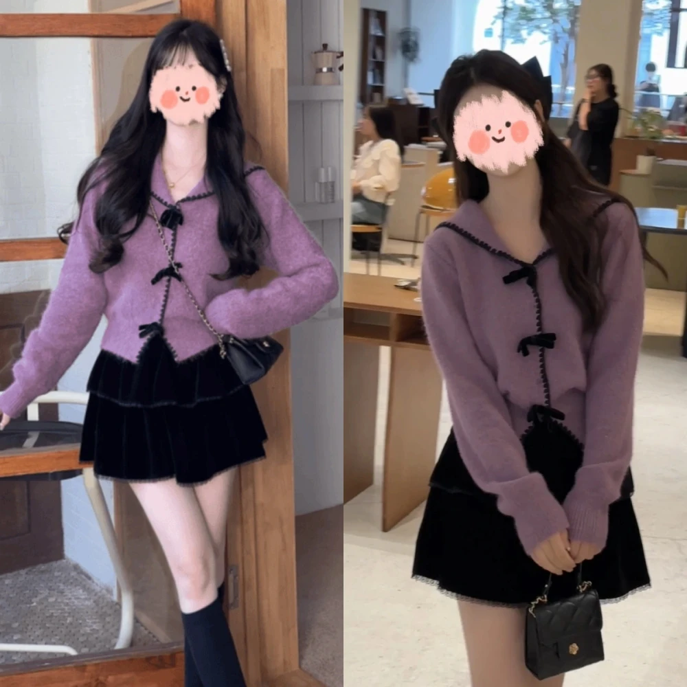 秋冬【紫罗兰】蝴蝶结扣减龄别致针织开衫外套黑色短裙温柔风套装