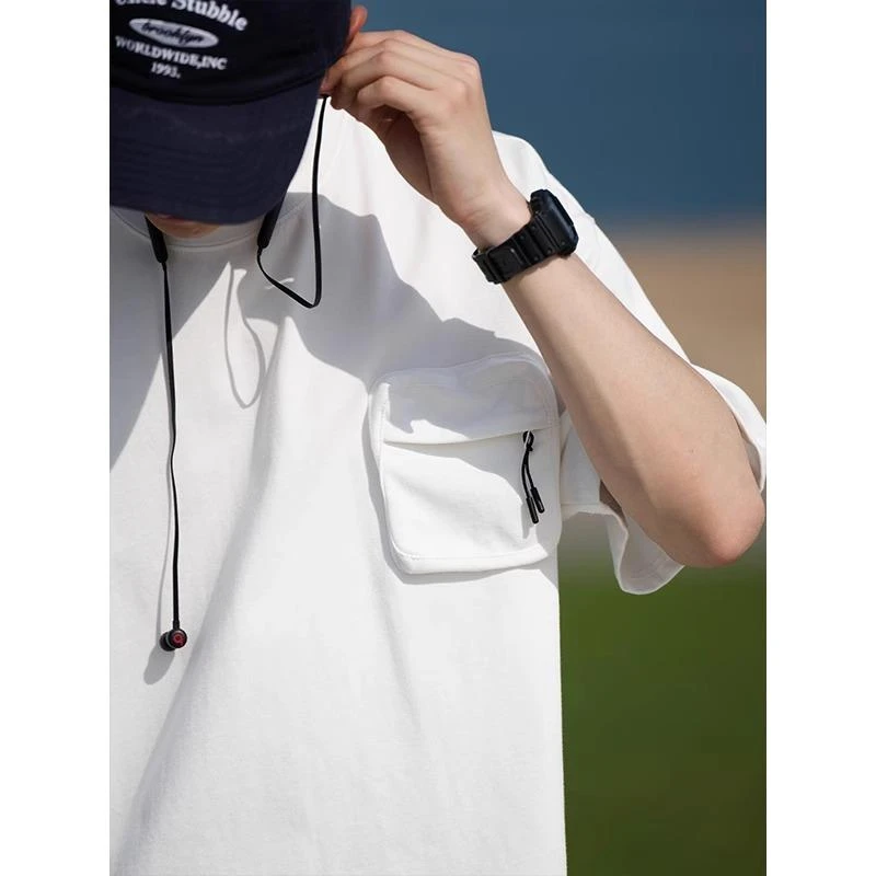 美式重磅纯棉短袖T恤男夏季薄款潮流百搭休闲宽松纯色五分袖上衣