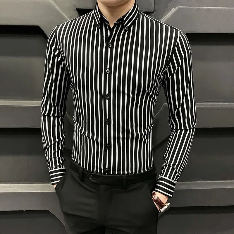 黑白条纹衬衫男长袖修身冬季加绒加厚保暖衬衣商务休闲免烫寸衫潮