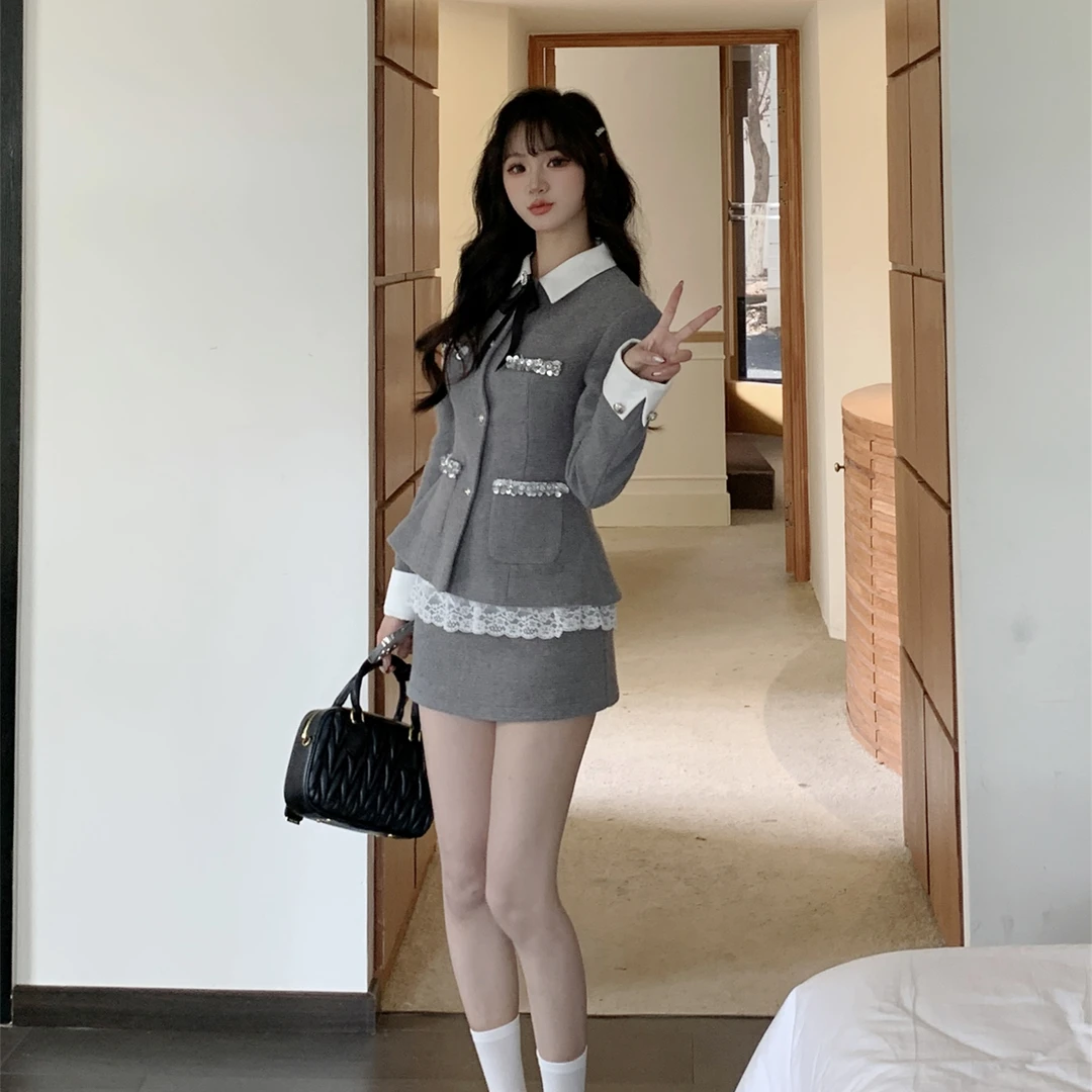 越韩小鱼 圣约翰艺术生 法式千金套装女秋高级感短外套半裙两件套