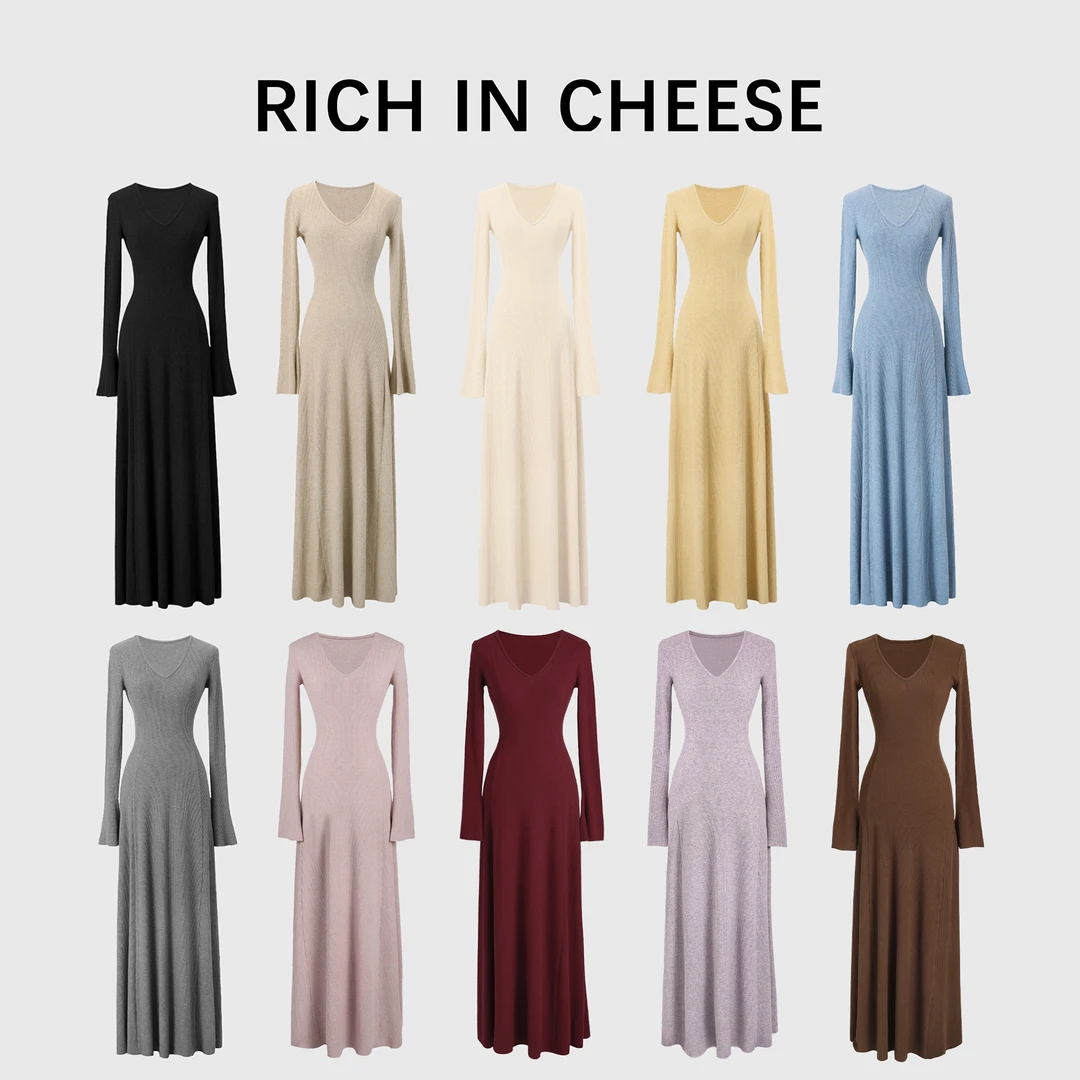 RICHINCHEESE 茶香可颂【长款版】收腰修身春季气质毛织连衣裙