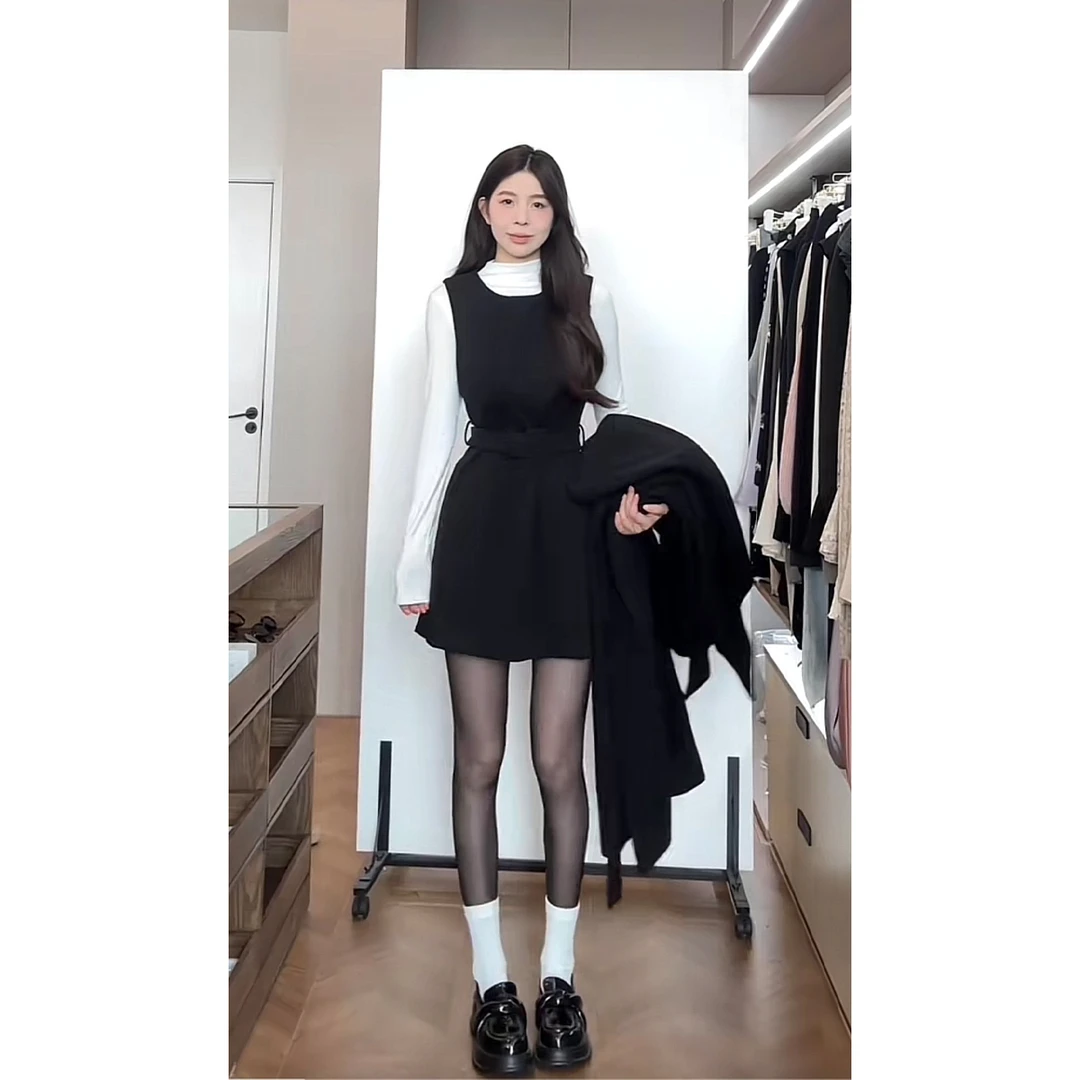 舒胡蕾 古早大小姐 时尚两件套显瘦气质长袖百搭女士修身收腰黑色