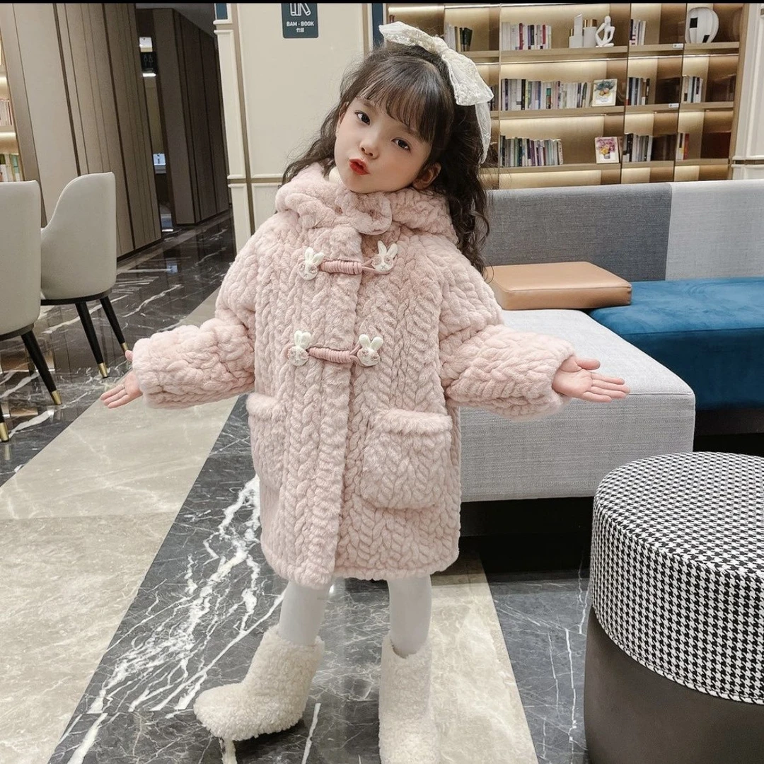 女童外套加厚加绒冬季2023新款女孩毛毛衣中长款羊羔绒一体毛大衣
