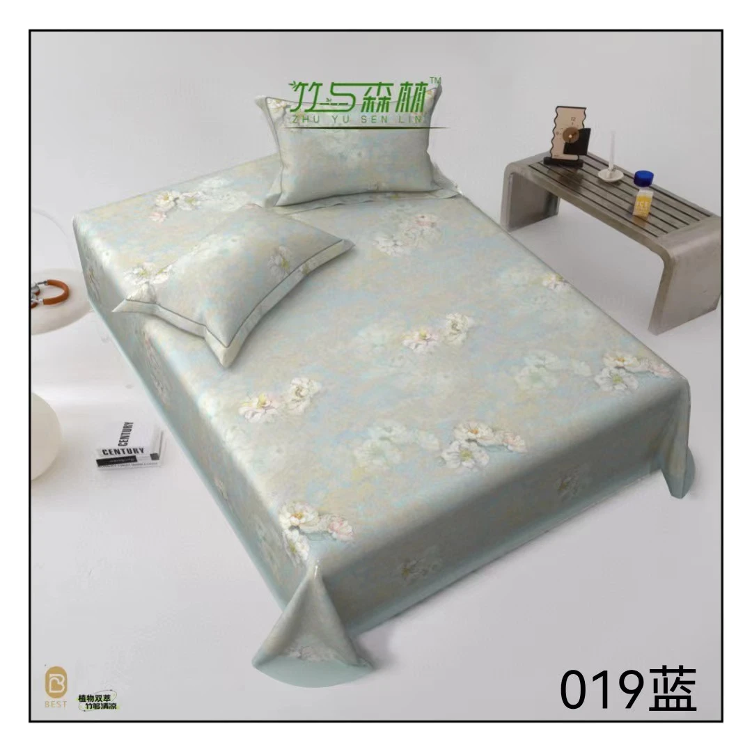 D2256 数码印花天然竹纤维斜纹冷感凉席三件套 山茶花240*250机洗