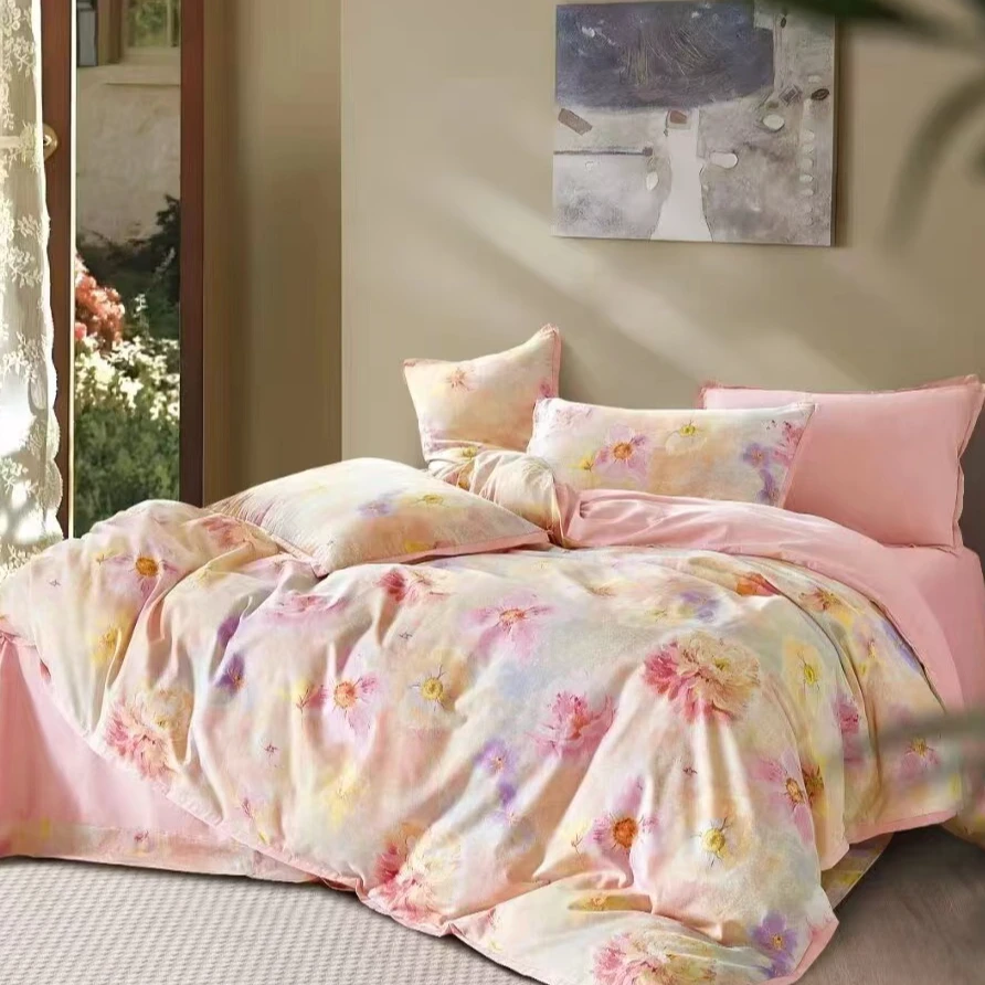 C7597 全棉生态精纺棉加厚四件套 云雾染春200*230秋冬保暖透气