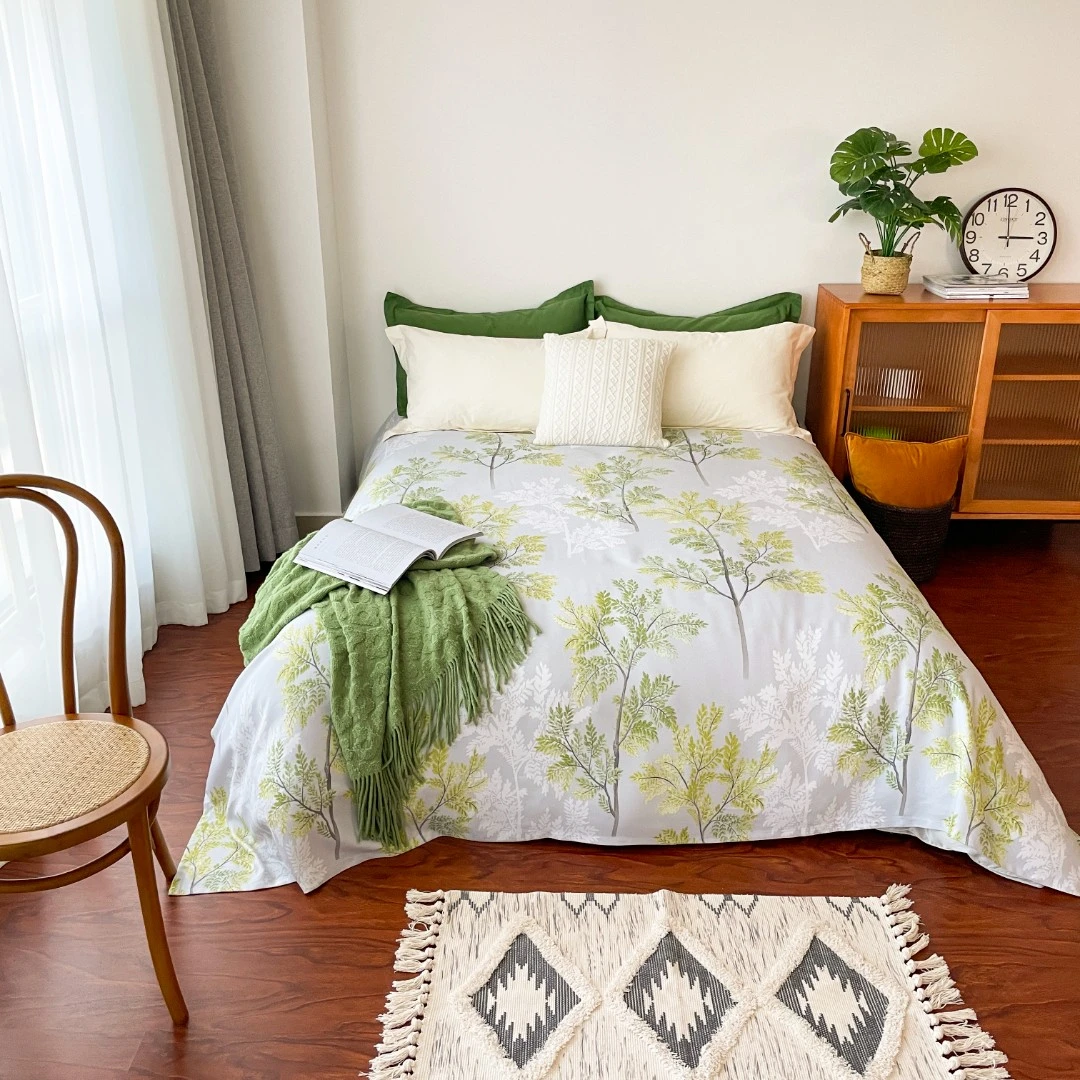 B1982竹纤维软凉席床单 金钱树 240*250高端印花亲肤可水洗机洗