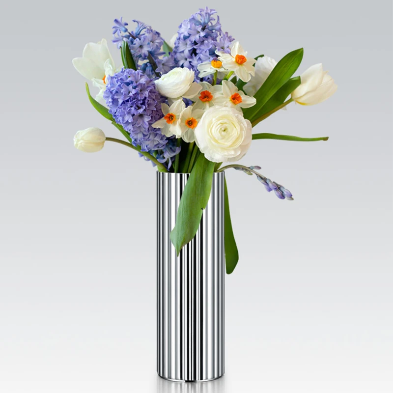 轻奢创意不锈钢花器摆件居家客厅茶几插花装饰花瓶直筒