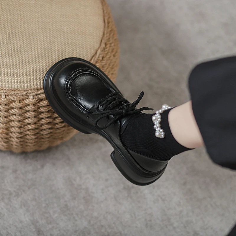 真皮厚底乐福鞋女2025秋季新款百搭深口单鞋女黑色小皮鞋女学院风